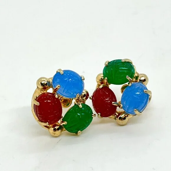Vintage GLASS SCARAB Earrings Egyptian Revival Gold Tone Screwback - Picture 6 of 13
